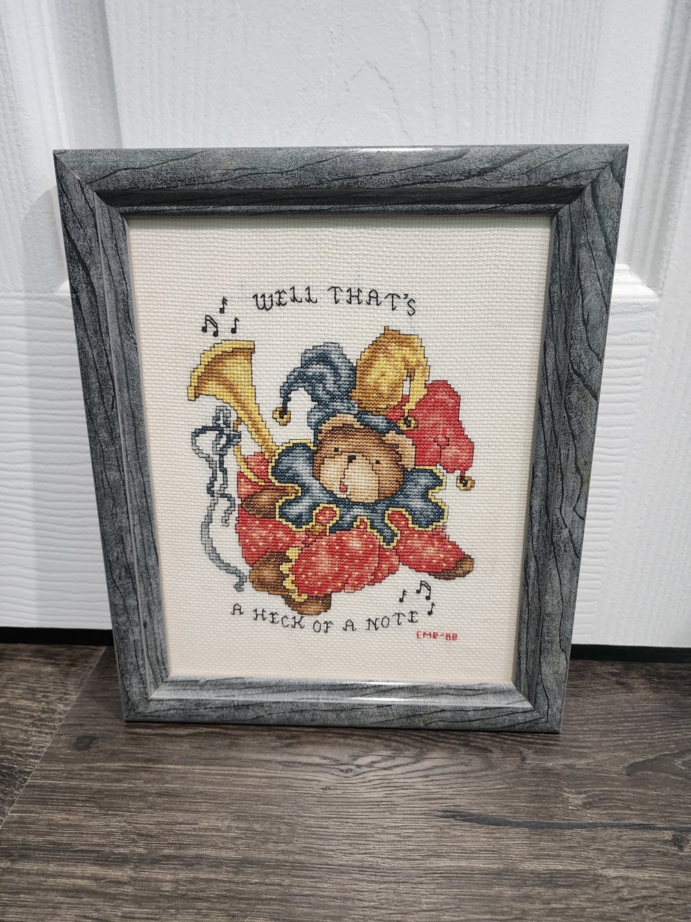 Jester Bear Cross-Stitch Artwork - Red, Blue, Gold Accents